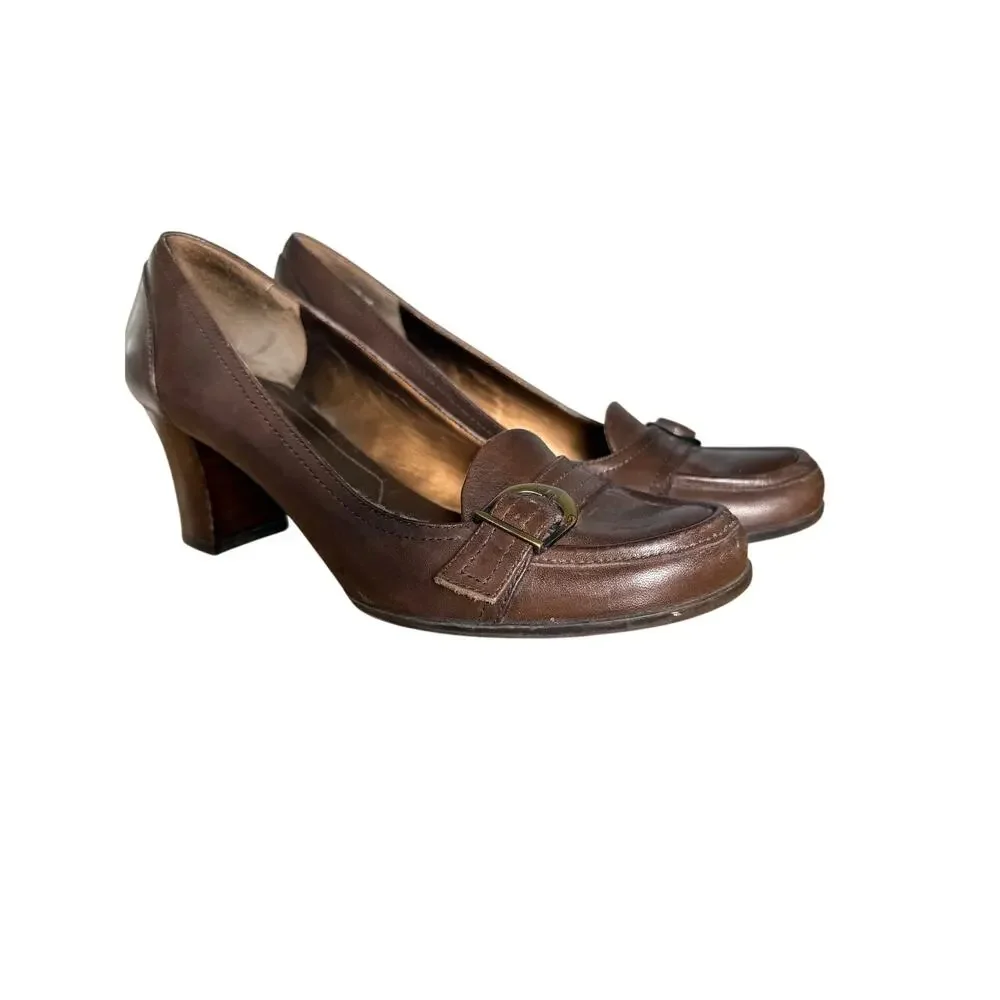 Y2K Vintage Nine West brown leather chunky heeled‎ loafers Buckle Preppy 7.5